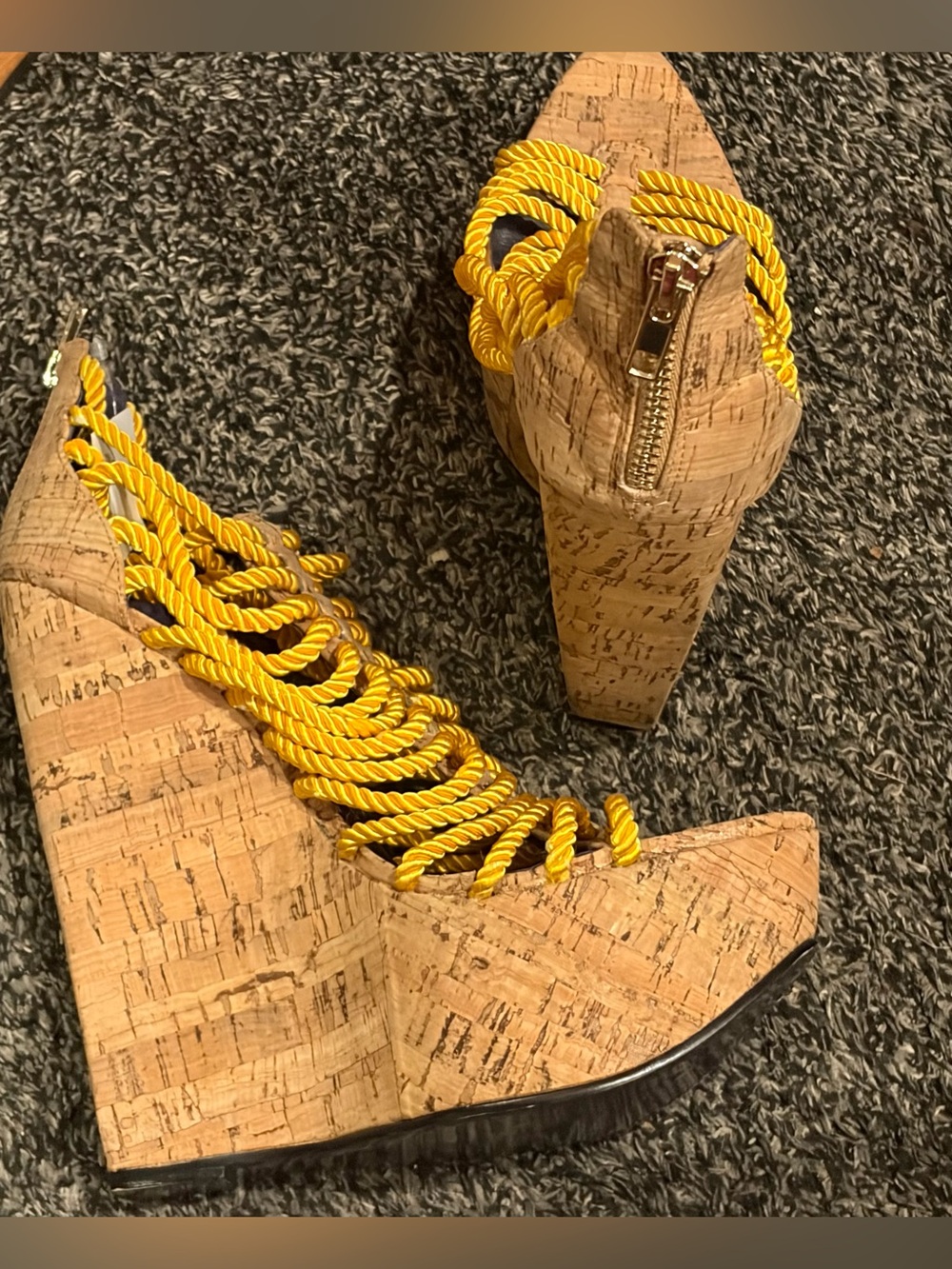 Yellow Rope-Strap Cork Wedge Sandals